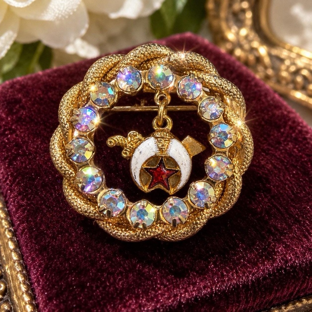VTG Daughters of Rebekah Odd Fellows Brooch AB Rhinestone Enamel Dangle Pin